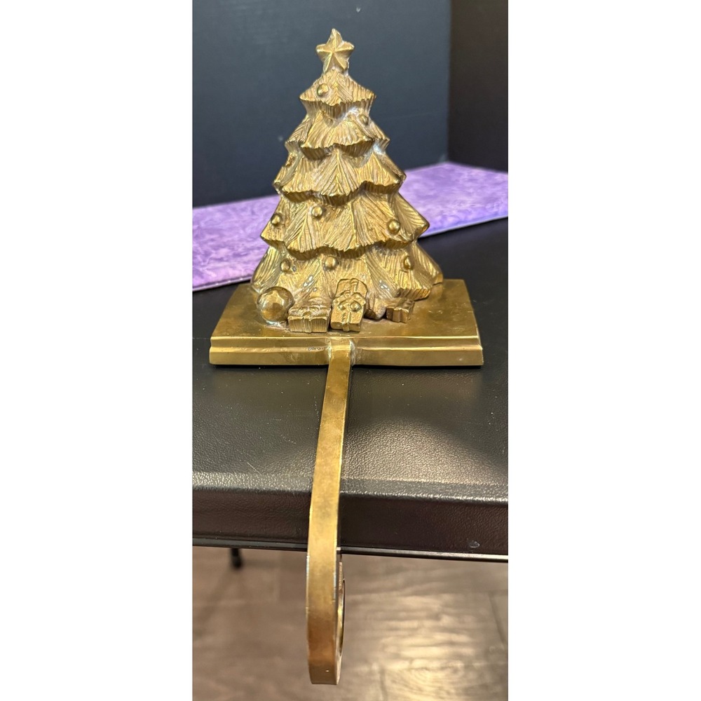 Christmas Tree Stocking Holder Hanger Heavy Brass Gold Vintage Mantel Hook